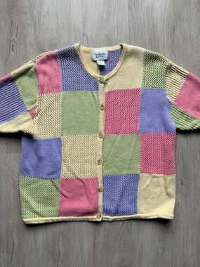 VTG Pastel Colorblock Short Sleeve Cardigan Knit Sweater Button Front XL